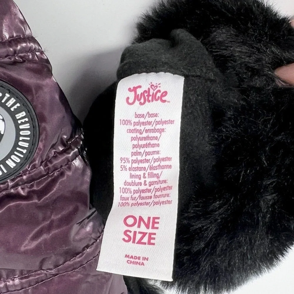 Justice Girls Metallic Purple Quilted Trapper Hat and‎ Mittens Set Faux Fur Trim